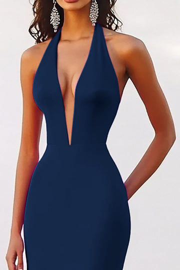 Navy Deep V Neck Halter Mermaid Long Formal Dress